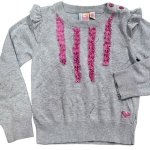 Roxy Sweater Shirt 6 6x Girls Small Gray Hot Pink Ruffle Eyelet Cap Sleeve